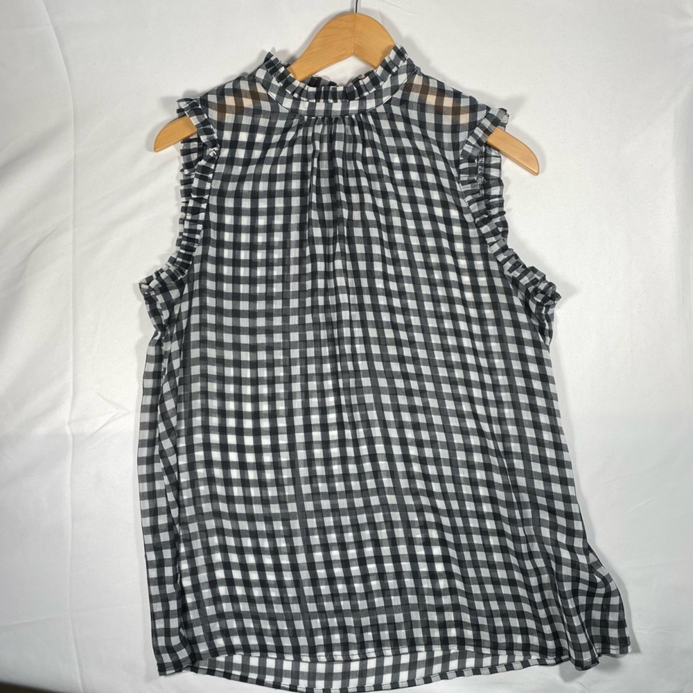 Who What Wear Large Black / White Sheer Gingham Ruffle Collar Sleeveless blouse